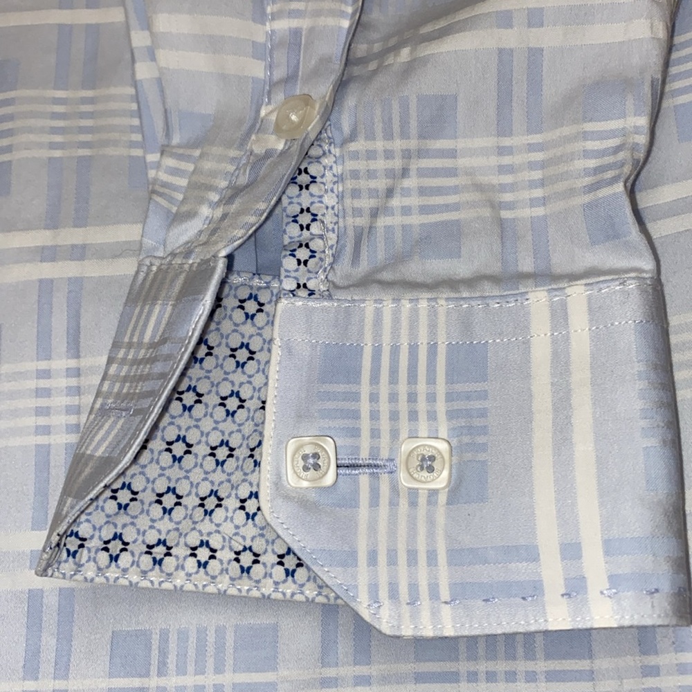 Bugatchi Blue & White Plaid Button Front Dress Shirt Men's L Large - Picture 10 of 10